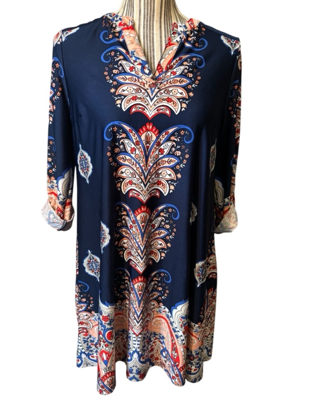 New Directions Dress Small Petite Navy Blue Paisley Floral Orange Red Mini Boho